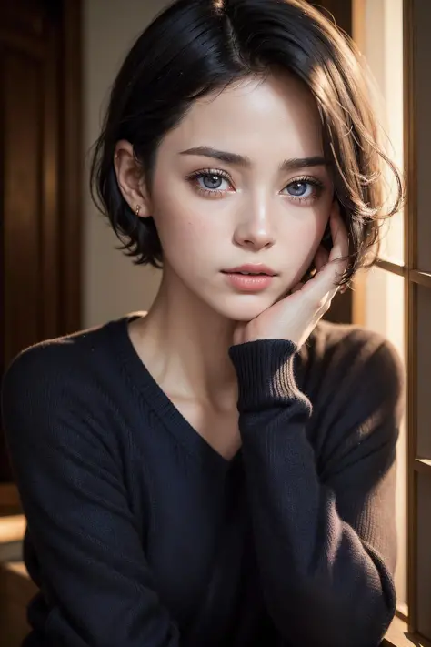 (masterpiece:1.3), (8k, photorealistic, RAW photo, best quality: 1.4), (1girl), beautiful face, (realistic face), (black hair, short hair:1.3), beautiful hairstyle, realistic eyes, beautiful detailed eyes, (realistic skin), beautiful skin, (navy blue sweater), absurdres, attractive, ultra high res, ultra realistic, highly detailed, golden ratio, dark, rim lighting