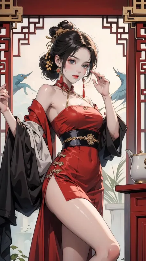 (masterpiece:1.3),(best quality:1.3),highly detailed,(official art, beautiful and aesthetic:1.2),ultra high res,Precise details,Her Chinese clothes are luxurious and dignified, and the jewelry she carries adds to her majesty and temperament. Her toes moved gently, as if she were playing a dance.,simple background,yellow,blue,red,chinese_style,(sfw:1.2),