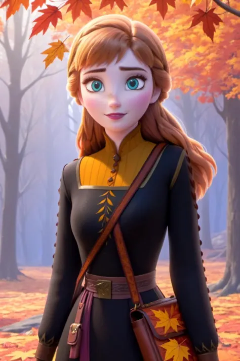 (masterpiece),(highest quality),highres,(an extremely delicate and beautiful),(extremely detailed), 1girl, young woman, solo, anna of arendelle, long hair, long-sleeved black tunic, shoulder bag, autumn leaves, forest,
(looking at viewer:1.3),  <lora:Frozen_-_Anna_SDXL:0.9> studio anime, cel shading