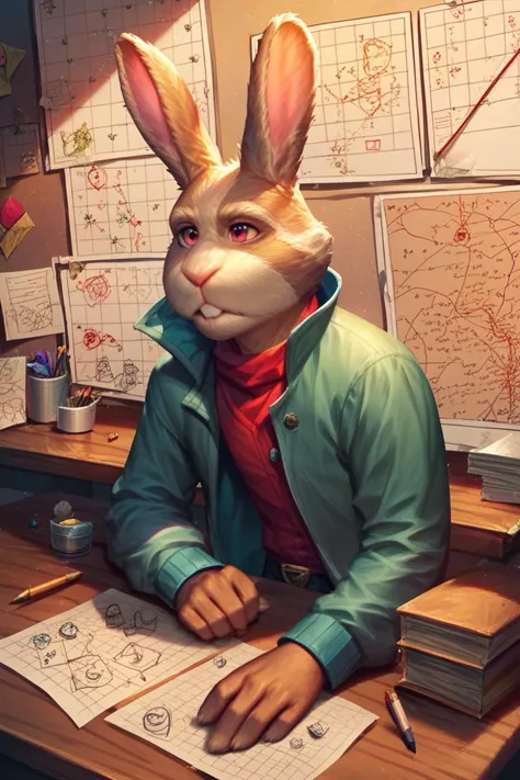 there is a rabbit that is sitting at a desk with a book