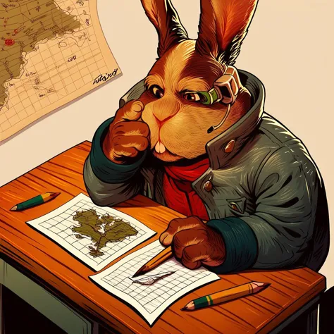 there is a rabbit sitting at a desk with a map and a pencil