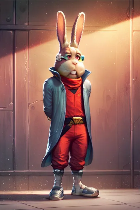 a cartoon rabbit in a red outfit and blue coat standing in front of a wall