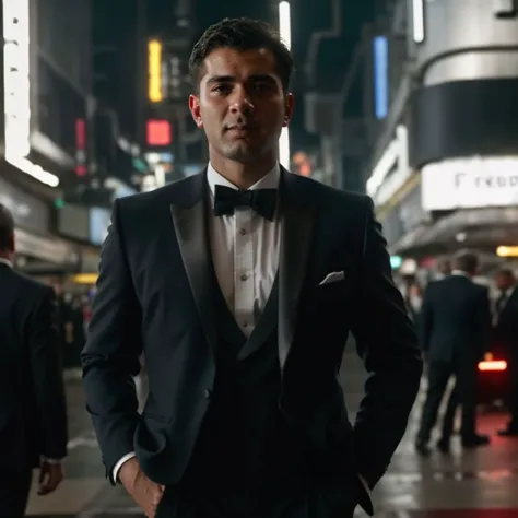 arafed man in a tuxedo standing in a busy city street