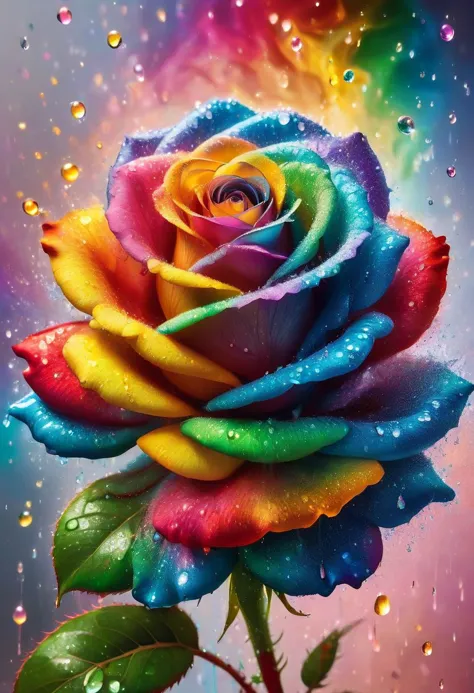 The appearance of colorful and colorful rose. The background shows rainbow-colored powder spreading like an explosion. Water droplets moistening the rose flower. It is so ridiculous that it is hard to distinguish the front, close-up photography, Ultra-detailed, ultra-realistic, full body shot,