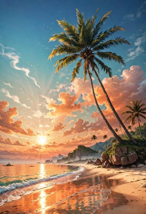 ((sea bay)), beach, palm tree, sunset, orange sky, cloud, (masterpiece),((ultra-detailed)), (highly detailed CG illustration),(e...