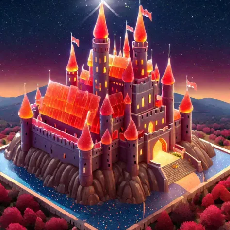 ((masterpiece, best quality)), absurdres,  gummyray, Isometric_Setting, highly detailed, red glow, castle, starry sky