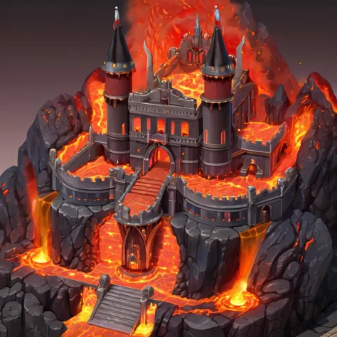 ((masterpiece, best quality)),  absurdres,  Isometric_Setting,  highly detailed,  inside dragon lord's castle,  red glow,  lava,...