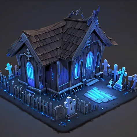 ((masterpiece, best quality)),  absurdres,  Isometric_Setting,  old wooden shack,  spooky graveyard,  graves,  glowing blue ligh...