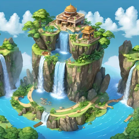 ((masterpiece, best quality)),  absurdres,  Isometric_Setting,  paradise,  floating island,  detailed waterfall,  detailed pond,...