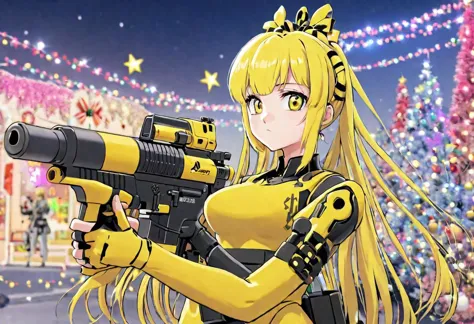 safe_pos, anime artwork image of a yellow hair anime girl holding a black and yellow mistletoe machine gun, Christmas decoration...