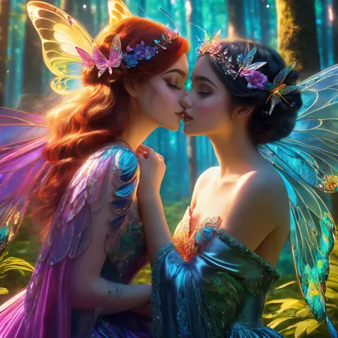masterpiece best quality hyperdetailed breathtaking colorful glamorous scene of 2 faerie girls flying hugging joyful hopeful in ...