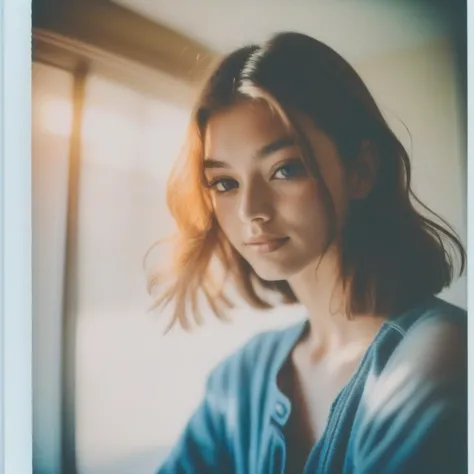 crop and fit to draw area, a candid Polaroid professional photograph of a young pretty woman, light leak, fashion super model sh...