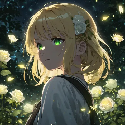 face focus, masterpiece, best quality, 1girl white roses, petals, night background, fireflies, light particle, solo, blonde hair...