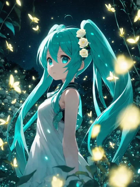 face focus, masterpiece, best quality, 1girl, hatsune miku, white roses, petals, night background, fireflies, light particle, so...