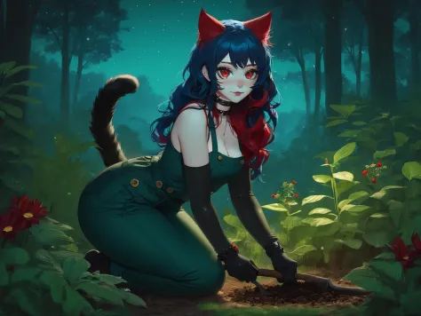 a catgirl gardening in a forest at night on knees.

A Catgirl with long wavy blue hair, red eyes, freckles and curvy figure.

(c...