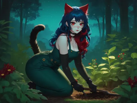 a catgirl садоводство in a forest at night on knees.

A Catgirl with long wavy синие волосы, красные глаза, веснушки и пышная фигура.

(Кошачьи уши), (синие волосы:1.2), (красные глаза:1.3), (длинные волнистые волосы), (кошачий хвост:1.3), ((веснушки)), бедра, (середина) грудь, ПОКРЫТЫЕ УШИ, Мягкое лицо, нежное лицо,

Воротник, ((колье)), татуировки, подробные глаза,
(В темном (зеленая рубашка с пуговицами)), темно-зеленые брюки, 

подробный, штаб-квартира, Высокое разрешение, яркий,

Полночь, темное небо, Ночное время, садоводство, садоводство tools, растения, травы, земля, 