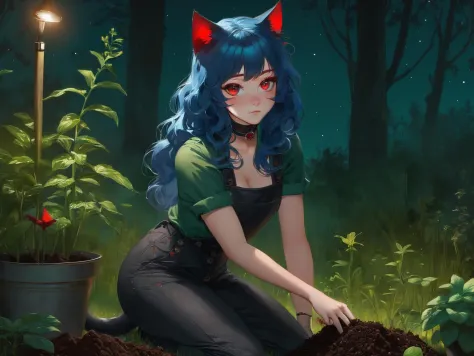 a catgirl gardening in a forest at night on knees.

A Catgirl with long wavy blue hair, red eyes, freckles and curvy figure.

(c...