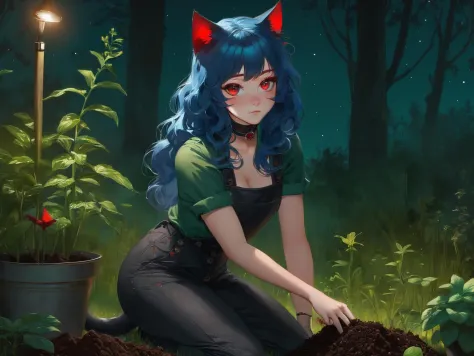 a catgirl садоводство in a forest at night on knees.

A Catgirl with long wavy синие волосы, красные глаза, веснушки и пышная фигура.

(Кошачьи уши), (синие волосы:1.2), (красные глаза:1.3), (длинные волнистые волосы), (кошачий хвост:1.3), ((веснушки)), бедра, (середина) грудь, Мягкое лицо, нежное лицо,

Воротник, ((колье)), татуировки, подробные глаза,
(В темном (зеленая рубашка с пуговицами)), темно-зеленые брюки, 

подробный, штаб-квартира, Высокое разрешение, яркий,

Полночь, темное небо, Ночное время, садоводство, садоводство tools, растения, травы, земля, грязный, грязный clothes, 