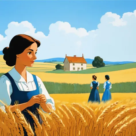 a woman standing in a field of wheat with two other women standing behind her and a house in the background, Art & Language, sto...