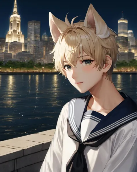 masterpice, best quality, 1boy,  ((solo)), looking at viewer, dog ears, sailor_collar,  serafuku, sailor shirt, half body, background of a city scape, pedestrians, soft lights, realistic lights, <lora:out4:1>