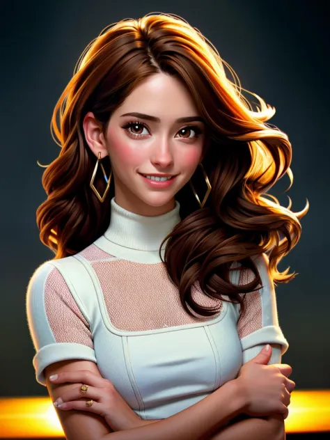 Realistic photo of a beautiful j3nn1f3rlh-v1 woman, 1girl, long hair, breasts, smile, brown hair, turtleneck sweather, jewelry, ...