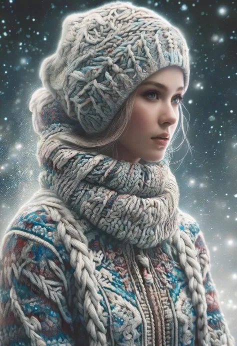 a magical winter wonderland at night, an exquisite snow maiden appears, wearing christmassweater, Her flawless figure is intrica...