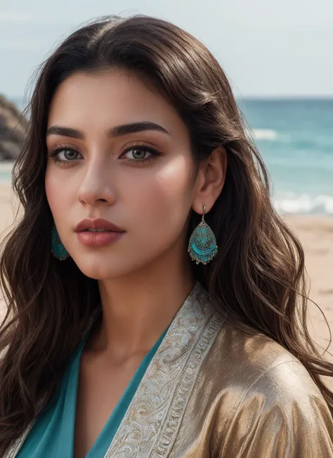 a woman wearing a blue dress and earrings standing on a beach