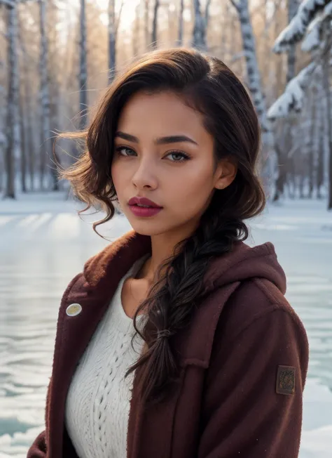 a woman in a brown jacket standing in front of a lake