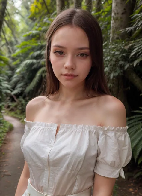 portrait of 1girl, wearing Puffed shoulder blouse, at forest, thick foliage, tall trees, peaceful, Kat3Kuray,  <lora:Kat3Kuray:0...