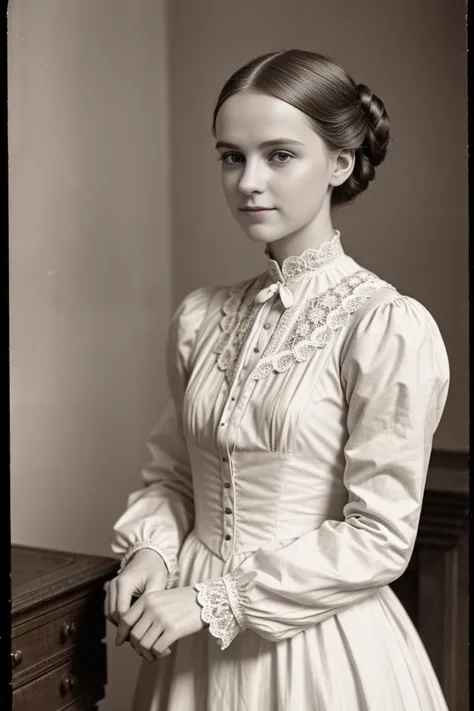 1900s \(style\) photo of cute, thin  18 /o  jp-svetmil-v2a-1000 ,Edwardian updo, soft powder , Ankle-length cotton nightgown with high collar, puffed sleeves, and lace insertions , Victorian room , Kodak No. 4 Cartridge, 105mm f/8, 1/10s, ISO 25, Albumen Plate