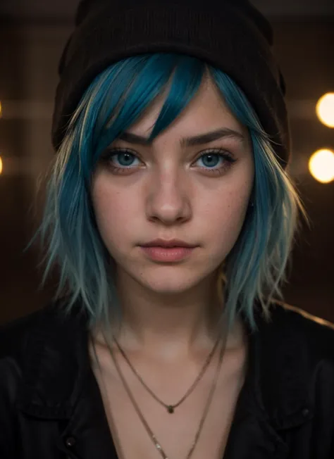 closeup portrait of 1girl, chloeprice, (blue hair), short hair, brown eyes, Black beanie, looking at viewer, in photography studio, dark room, ((blue eyes)), 