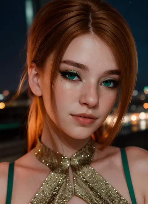 closeup portrait of girl, soft and dreamy portrait, beautiful, night photo, city at night background, wearing glitter dress, redhead hair, green eye, <lora:dik-sage:0.75> dik-sage