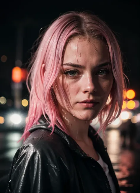 closeup portrait of 1girl, pink hair, mysterious expression, sweaty, rainy cyberpunk city at night, neon signs, sharp focus, pho...