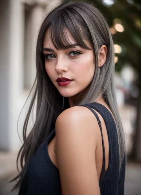 portrait of girl with grey hair, grey eyebrows, long soft shag hair with wispy bangs, dark lipsticks, looking at viewer, wearing...