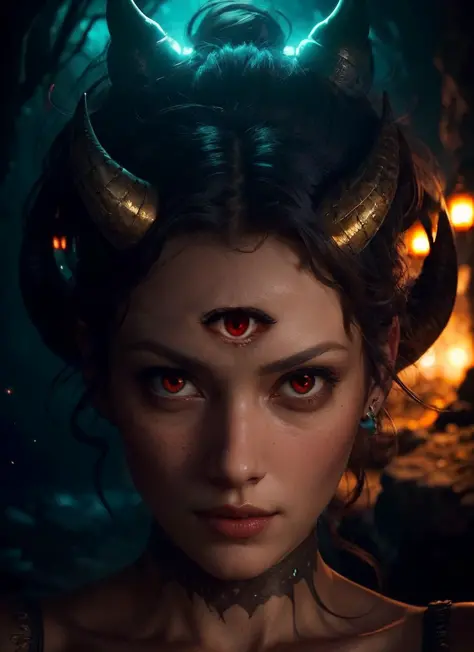 (masterpiece:1.3), (best quality:1.2), (intricate detailed:1.2), (hyperrealistic:1.2), (professional photograpy:1.1), highly detailed, absurd res, dark fantasy theme, 1girl, smirking, (red eyes:1.1), detailed face, looking at viewer, (horns:1.3), third eye, at night, dark cave, rocks, bioluminescence, magical lights, ((dynamic pose)), rim lighting, depth of field, from above, fcPortrait,  <lora:epi_noiseoffset2:1.5> <lora:Elixir:1>