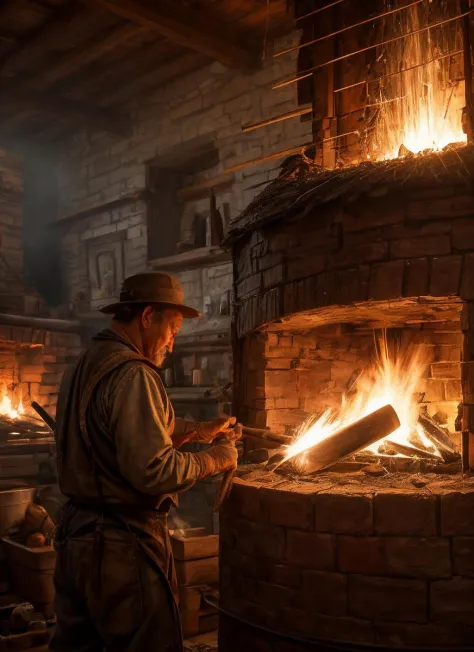 HDR, 8K resolution, intricate detail, sophisticated detail, photorealistic, sharp focus, wide shot of village blacksmith, roarin...