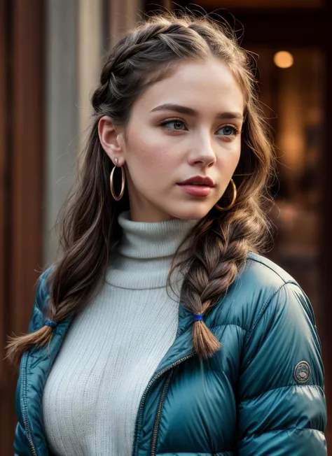 HDR, 8K resolution, intricate detail, sophisticated detail, depth of field, photorealistic, sharp focus, The Shape of Water, Turtleneck sweater with a puffer jacket and snow pants, Female Viking, Average Height, Firm, Heart-Shaped Face, Fair Skin, Light Brown Hair, teal Eyes, Wide Nose, Full Lips, Prominent Chin, Long Hair, Coarse Hair, Side French Braid, firm breasts, Hoop earrings, mauve satin lipstick, Repetition, Ripples, Pattern, kicker light, key light 