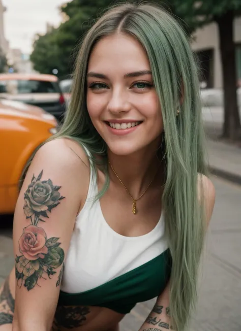 portrait of girl with a cute smile and long sleek green hair, fashion, orange and amber pastel color palette, glitter, epic deta...