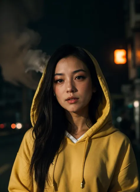 closeup portrait of asian woman, wearing yellow hoodie, dystopian street background, (smoke), detailed, cinematic composition, intricate details, highly detailed, fire, at night