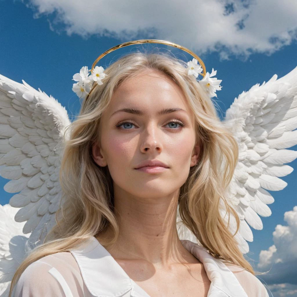 close-up photo of a woman as an angel, blonde hair, white halo, white clouds and heavenly sky, looking at viewer,  