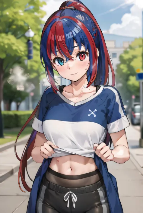 (8k uhd, masterpiece, best quality, high quality, absurdres, ultra-detailed), <lora:Pepsichan-10:0.6>, pepsi, solo, standing, lifted shirt, lifted by herself, ponytail, standing, steaming body, steam, breath, heavy breath, sweat, sweaty body, smile, blush, embarrased:1.2, medium breasts, cowboy shot, crossed bangs, collarbone, outdoor, park, sunlight, looking at viewer, heterochromia, tummy, navel, two-tone hair