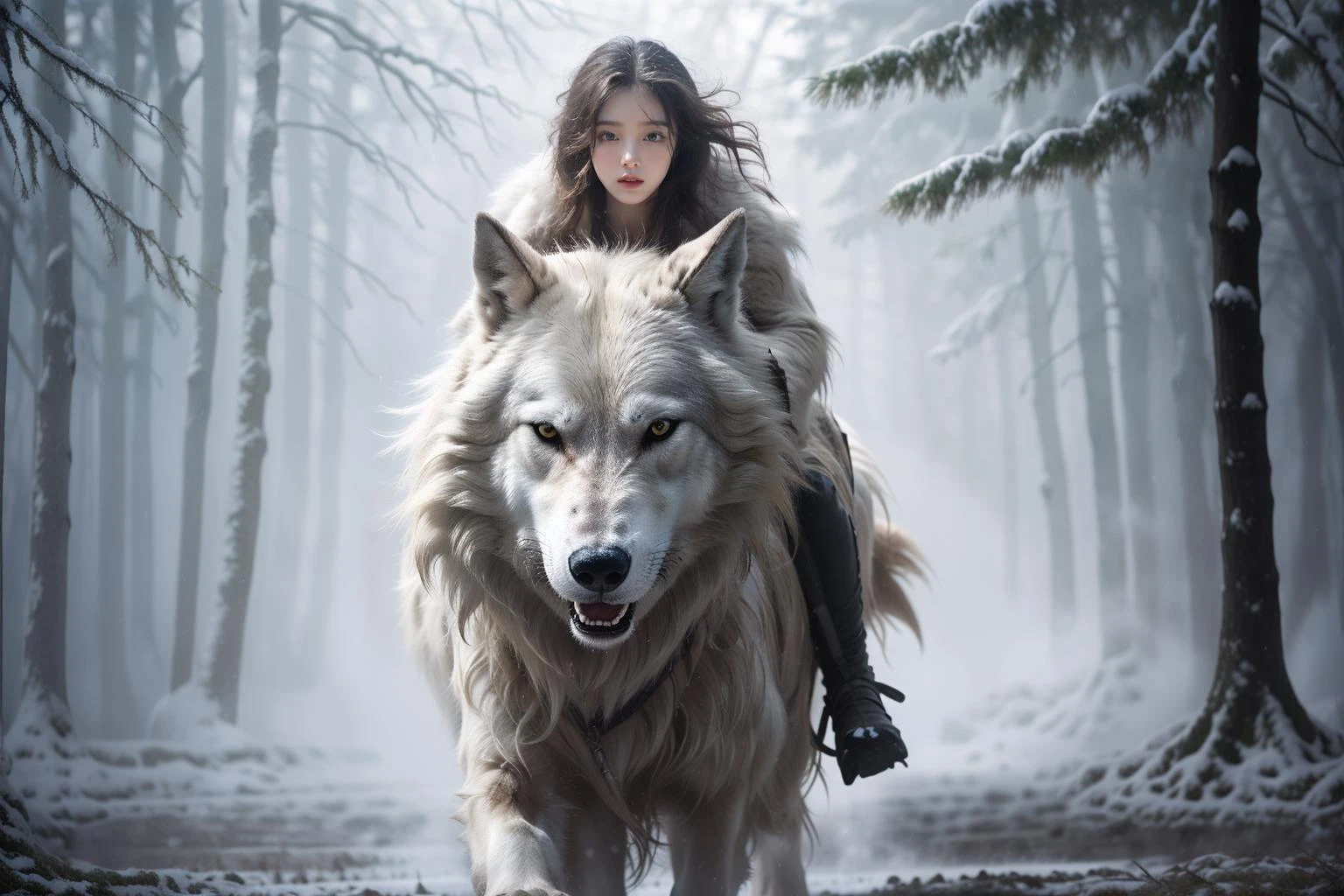 photorealistic, realistic, photography, masterpiece, best quality, ultra-detailed, 1girl, snowfield, riding, wolf, 