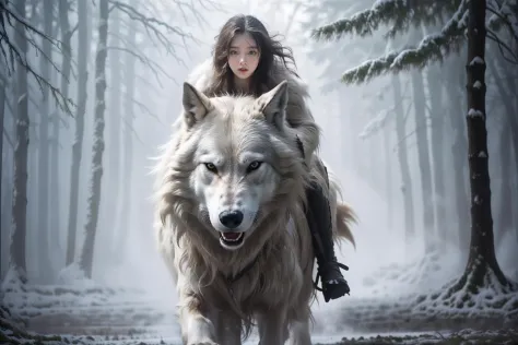 photorealistic, realistic, photography, masterpiece, best quality, ultra-detailed, 1girl, snowfield, riding, wolf, <lora:ç¼ä¸å...
