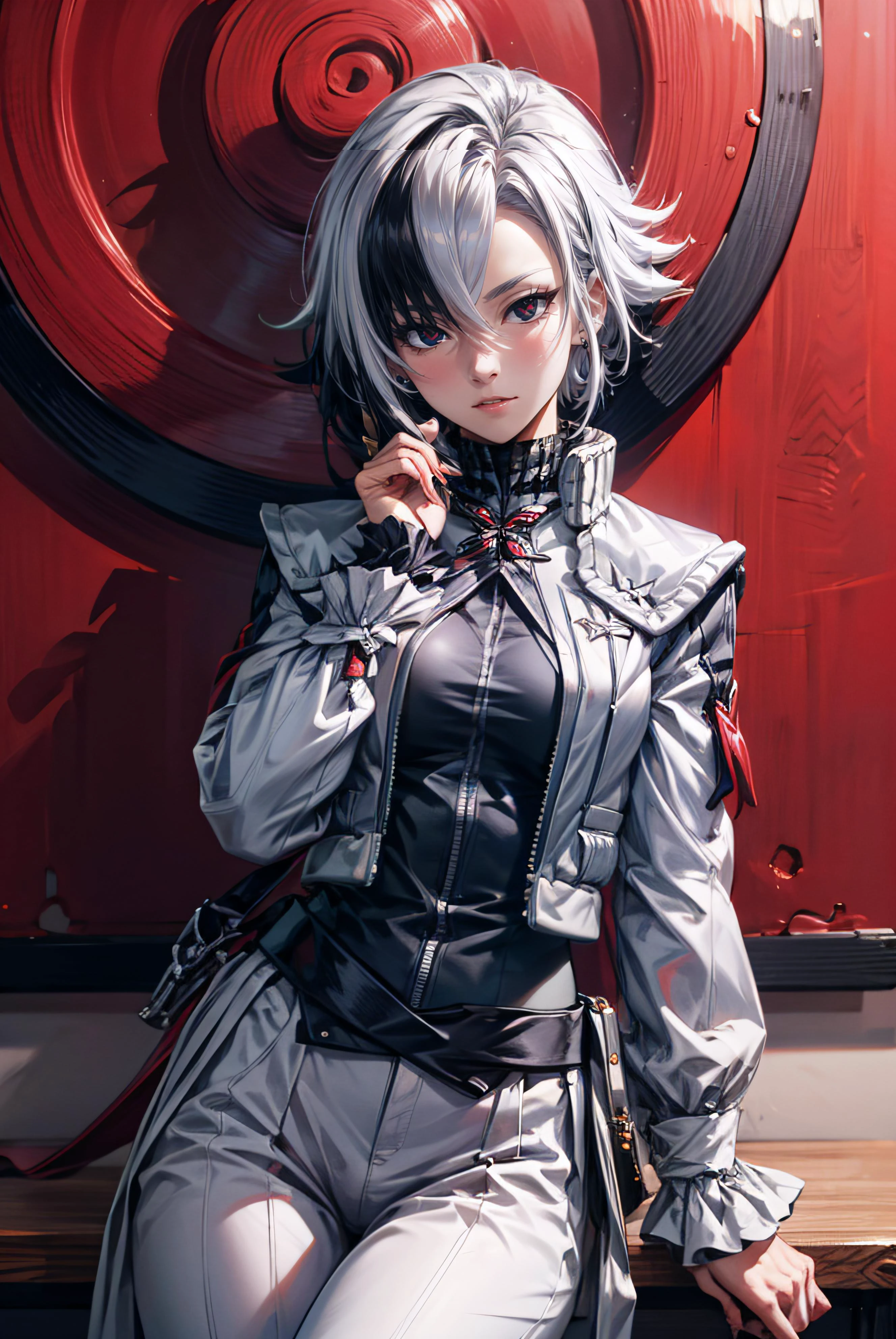 highres, (masterpiece:1.2), (best quality, highest quality), 1girl, solo, white hair, black hair, multicolored hair, x-shaped pupils, black eyes,
joninvest, forehead protector,
