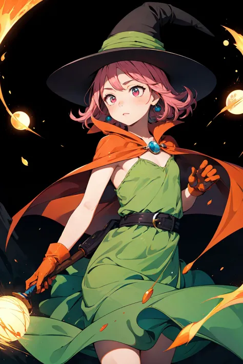 AS-YoungV2,
(8k,  masterpiece, best quality, high resolution), fantasy,
cute face, kawaii, very big eyes, Aesthetic Anime Eyes, small face,
mage \(dq3\),
short hair, pink hair, red eyes, large breasts,
witch hat, gloves, green dress, orange cape,
staff,
witch,
battle, fighting, casting spell,
light particles,
wasteland,
1girl, solo,