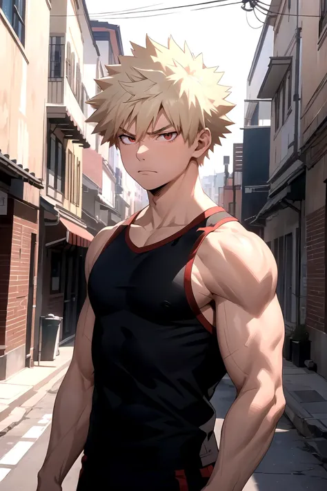 bakugo katsuki, red eyes, blonde hair, detailed, detailed background, short hair,broad shoulders, muscular male, 1boy, solo, male focus, black singlet, 8k, alley background, facing viewer, angry expression, five fingers, evening, young, night,