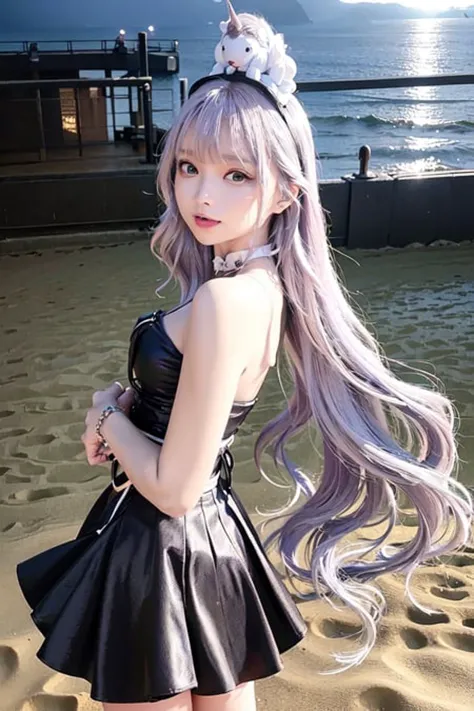 a close up of a woman in a black dress on a beach