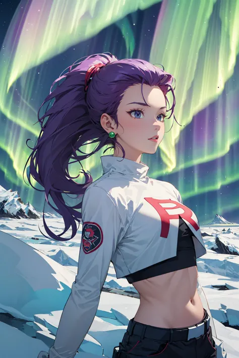 a woman with purple hair and a white shirt standing in front of a aurora light