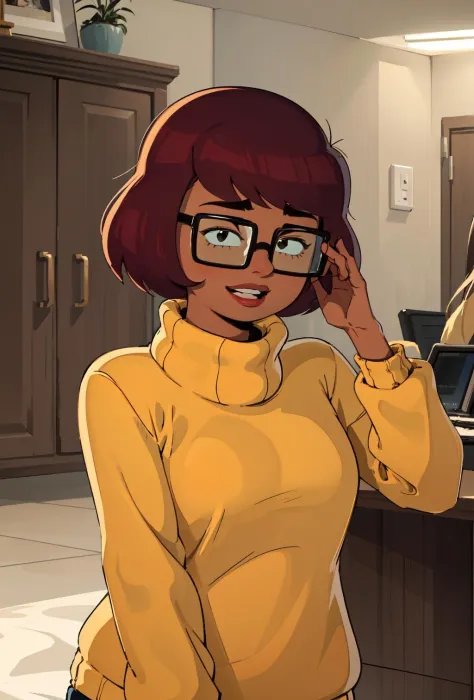 <lora:velma-000004:0.8>, mkvd, 1girl, turtleneck sweater, sweater yellow, happy, looking at viewer, glasses,