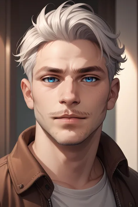 a man with white hair and blue eyes looks at the camera